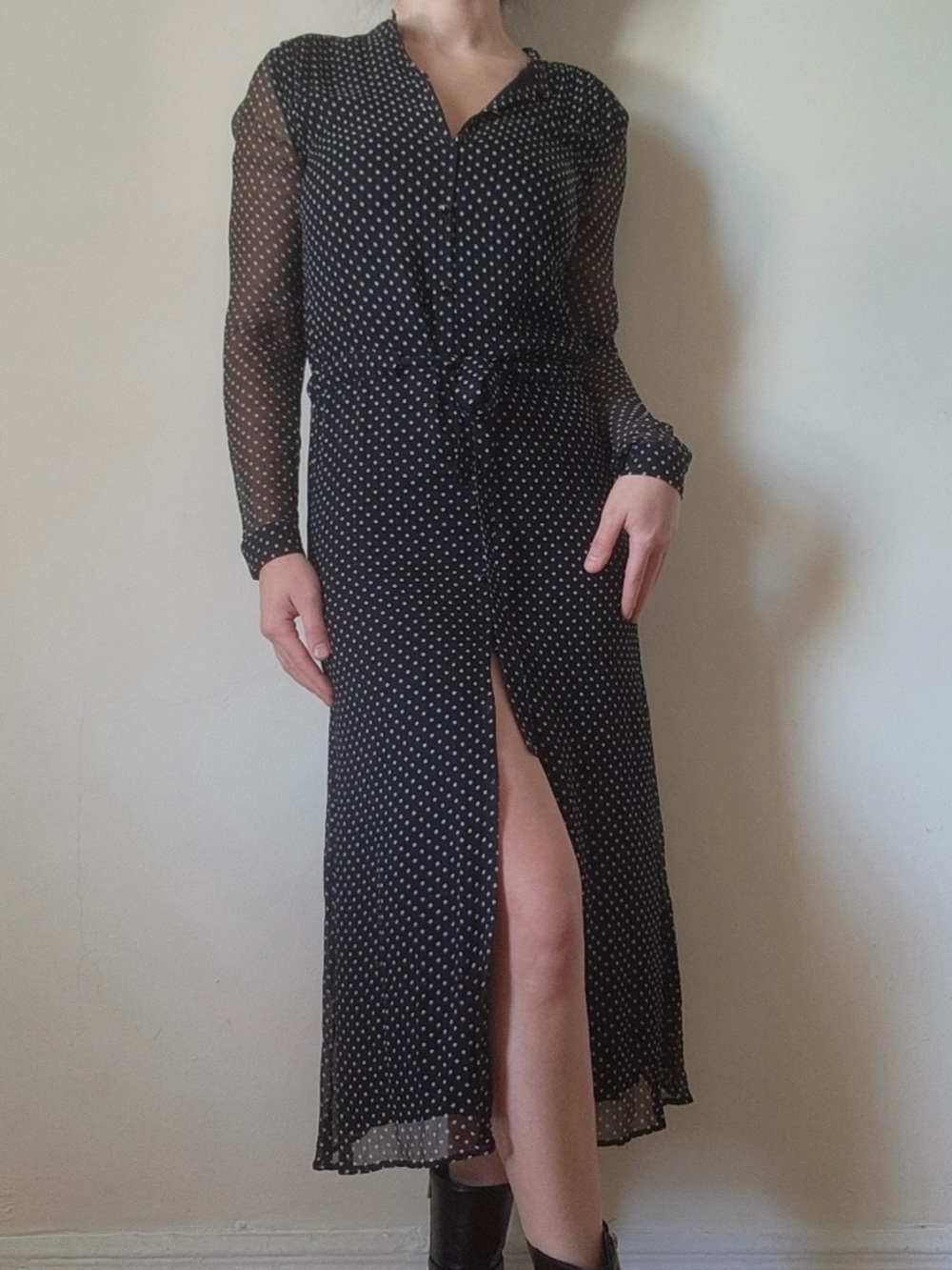Sezane Black Polka Dot Midi Dress with Button Front